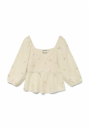 Blusa de color crema con escote cuadrado, cuerpo fruncido y mangas abullonadas. Presenta un delicado bordado floral en tonos pastel.