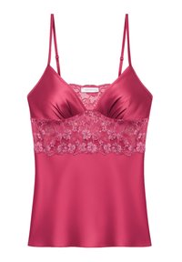 Satin camisole in levendig pink met een kanten paneel op de buste. Verstelbare spaghetti-bandjes en een soepele, vloeiende silhoeet.