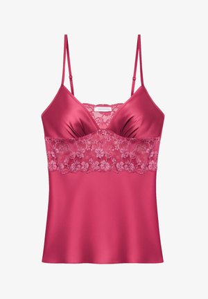 Camisole en satin de couleur rose vif avec un panneau en dentelle sur le buste. Bretelles spaghetti réglables et une silhouette fluide et élégante.