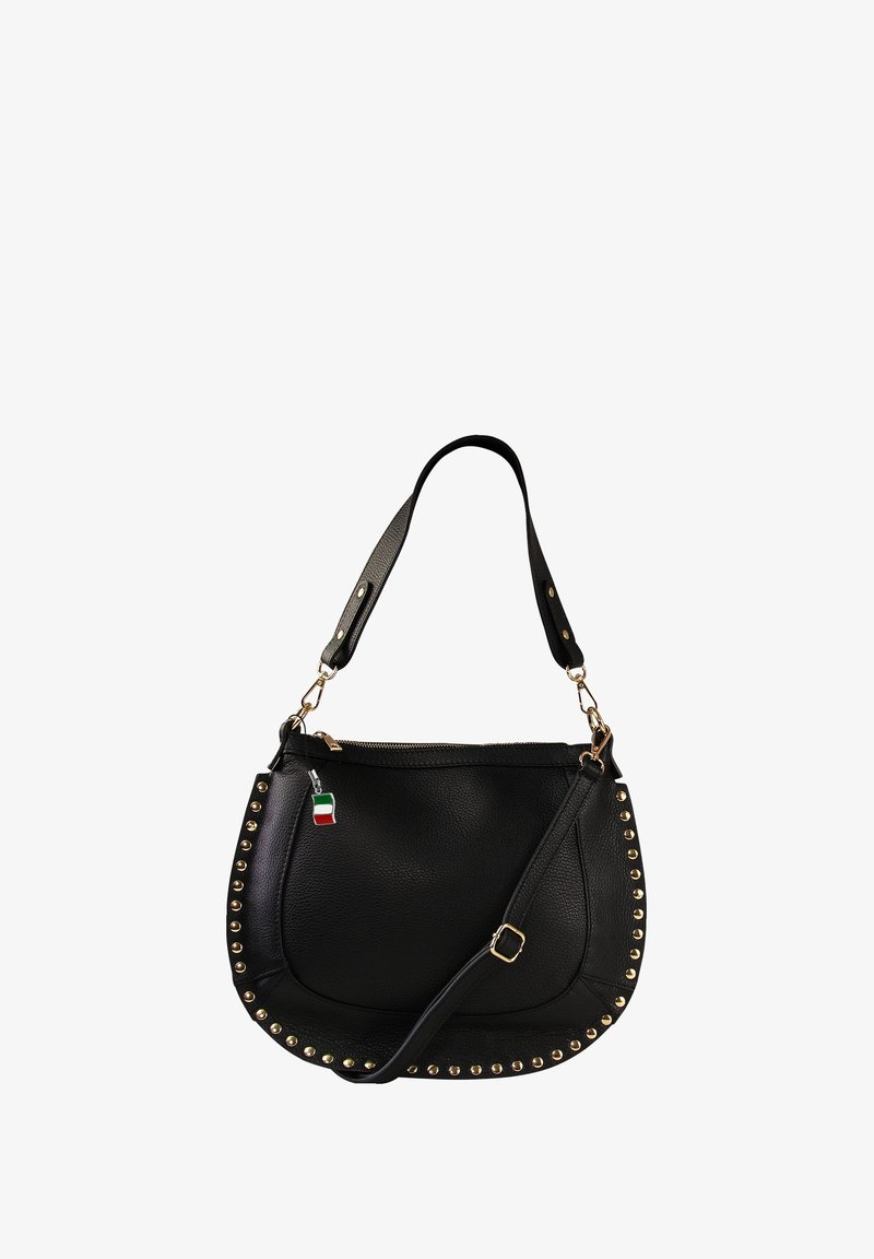 Black leather handbag with gold studs along the edge, zip closure, and a fabric flag charm. Features a short and a long adjustable strap.