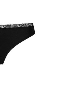 String noir en coton avec une finition en dentelle à la taille. Présente une texture lisse et un design taille basse.
