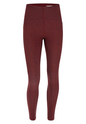 Leggings bordeaux con un sottile motivo animalier, vita alta e materiale liscio ed elastico per comfort e flessibilità.