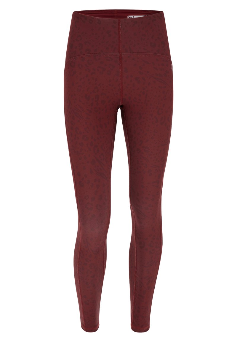 Leggings bordeaux con un sottile motivo animalier, vita alta e materiale liscio ed elastico per comfort e flessibilità.