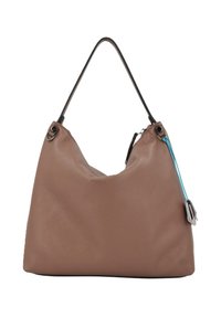 Borsa hobo in pelle marrone con silhouette morbida, manico superiore singolo e un accentuazione turchese in contrasto sul tirante della cerniera.