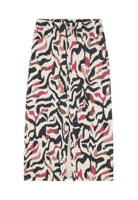 Bleistiftrock aus Baumwolle mit einem cremigen Grundton und abstraktem Tierdruck in Schwarz, Pink und Braun. Mit einem Schlitz vorne und einem elastischen Bund.