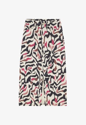Bleistiftrock aus Baumwolle mit einem cremigen Grundton und abstraktem Tierdruck in Schwarz, Pink und Braun. Mit einem Schlitz vorne und einem elastischen Bund.