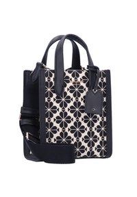 Borsa a mano con motivo floreale in bianco e nero, caratterizzata da un corpo in tessuto resistente, accenti in pelle, doppi manici e una tracolla removibile.