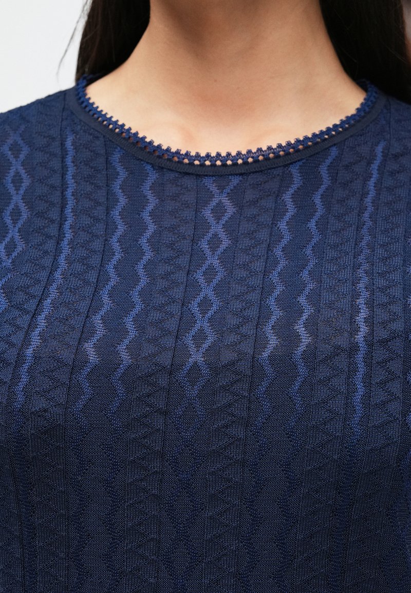 Navy blue knit top featuring textured patterns and a scalloped neckline with decorative holes. The fabric has a slight sheen and stretch.