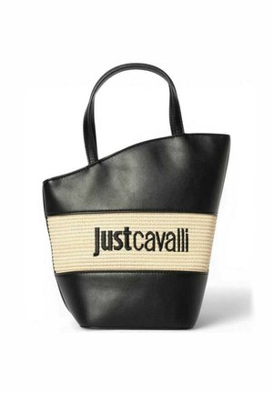 Sort læderhåndtaske med cremefarget vævet centerbånd med sort "Just Cavalli"-logo og to øverste håndtag.