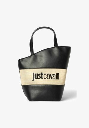 Schwarze Lederhandtasche mit cremefarbenem, gewebtem Mittelstreifen mit schwarzem "Just Cavalli"-Logo und zwei oberen Griffen.