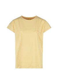 Korte mouwen gele t-shirt van zachte katoen; heeft een ronde halslijn en een bedrukt tekstaccent aan de voorkant. Zachte textuur overal.