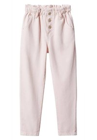 Pantalones rosa claro con cintura elástica, tres botones frontales, cinco bolsillos y un diseño de pierna ajustada. Textura de mezclilla suave.
