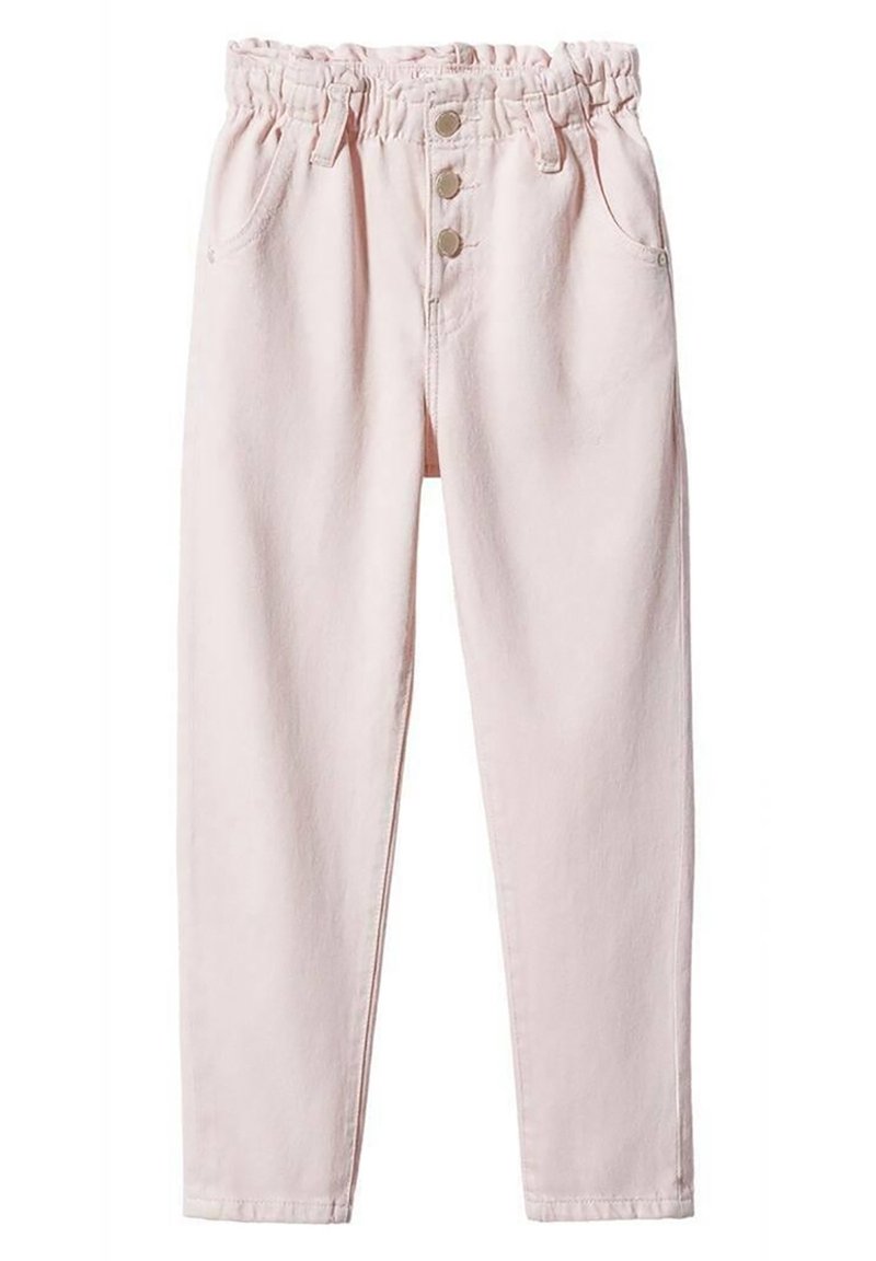 Pantalones rosa claro con cintura elástica, tres botones frontales, cinco bolsillos y un diseño de pierna ajustada. Textura de mezclilla suave.