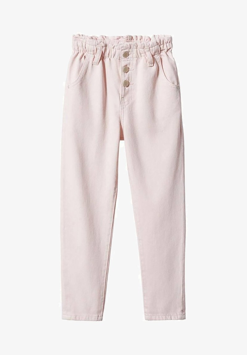 Pantalones rosa claro con cintura elástica, tres botones frontales, cinco bolsillos y un diseño de pierna ajustada. Textura de mezclilla suave.
