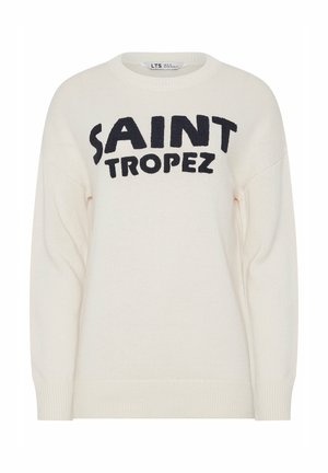 Cremefarvet strikket sweater med ribstrikkede manchetter og kant, med fed sort "SAINT TROPEZ" tekst over brystet.