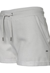 Pantaloni corti grigio chiaro con vita regolabile, tasche laterali e orlo ripiegato. Realizzati in tessuto morbido con una consistenza liscia e cuciture sottili.
