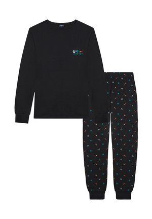 Black long-sleeve shirt with "Lucky night" graphic; matching black pants with colorful patterns of horseshoes and flowers. Cotton blend fabric.