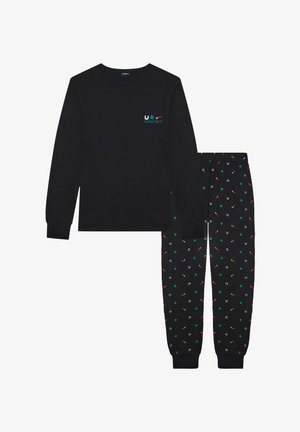 Black long-sleeve shirt with "Lucky night" graphic; matching black pants with colorful patterns of horseshoes and flowers. Cotton blend fabric.