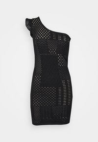 Robe noire en maille asymétrique avec des motifs ajourés variés et un petit volant sur la manche unique, longueur au genou.