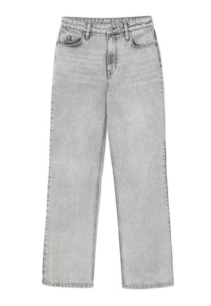 Lichtgrijze, hoge taille jeans met een relaxte pasvorm, vijf-pocketdesign en zichtbare stiksels. De stof heeft een klassieke denimtextuur.