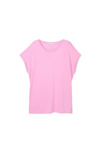 Ljusrosa kortärmad topp av mjukt tyg, med en rymlig, avslappnad passform, rundad halsringning och utan synliga mönster eller detaljer.