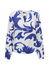 Blusa a maniche lunghe bianca con stampa floreale astratta blu, con scollatura a V e polsini elasticizzati, in tessuto crinkled testurizzato.