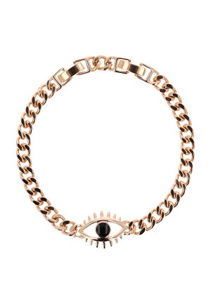 Guldarmbånd med en øjeformet vedhæng med en sort midte og små pigge, der ligner øjenvipper.