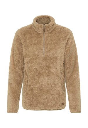 Tanmuts fleece pullover met een hoge kraag en kwart ritssluiting. Heeft twee zijzakken, een gestructureerde stof en een klein logo aan de onderkant.