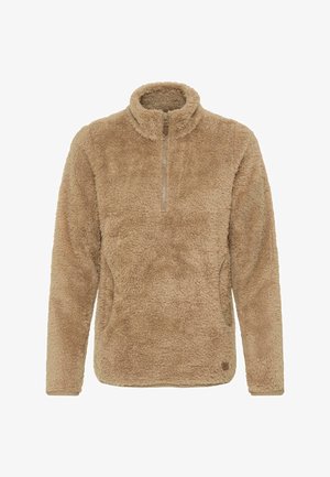 Pullover di pile color sabbia con colletto alto e zip a un quarto. Presenta due tasche laterali, tessuto testurizzato e un piccolo logo all'orlo.