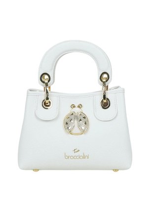 Borsa in pelle bianca con manici arrotondati, decorazione a coccinella in oro e cristalli, e logo del marchio "braccialini" in oro sul davanti.