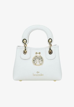 Borsa in pelle bianca con manici arrotondati, decorazione a coccinella in oro e cristalli, e logo del marchio "braccialini" in oro sul davanti.