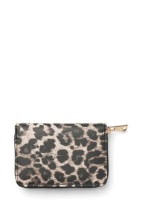 Portafoglio in stampa leopardata in pelle sintetica testurizzata; presenta una chiusura con zip e dettagli in oro; forma rettangolare, colori nero e beige.