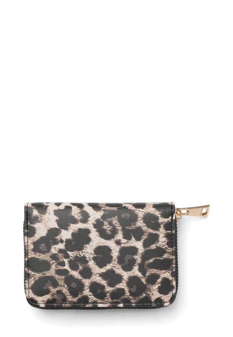 Portafoglio in stampa leopardata in pelle sintetica testurizzata; presenta una chiusura con zip e dettagli in oro; forma rettangolare, colori nero e beige.