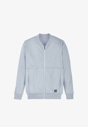 Light gray zip-up jacket with ribbed collar, cuffs, and hem, front pockets, and a small black square logo near the hem.