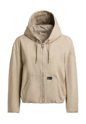 Beige vetoketjullinen hupparitakki, jossa nyörit, kengurutasku, joustava helma ja pitkät hihat, koko pieni.