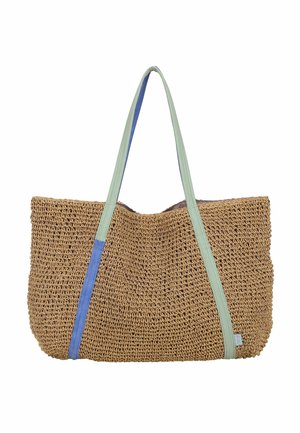 Braune gewebte Tragetasche mit zwei langen Stoffgriffen, einer in Hellgrün und einer in Blau, vor weißem Hintergrund.