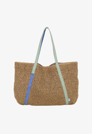 Braune gewebte Tragetasche mit zwei langen Stoffgriffen, einer in Hellgrün und einer in Blau, vor weißem Hintergrund.