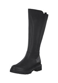 Botas de cuero negras hasta la rodilla con una textura suave, puntera redondeada, suela gruesa y paneles laterales elásticos para facilitar su uso.