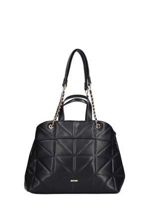 Black quilted handbag made of faux leather. Features dual shoulder straps and gold chain accents. Smooth texture with geometric patterns.