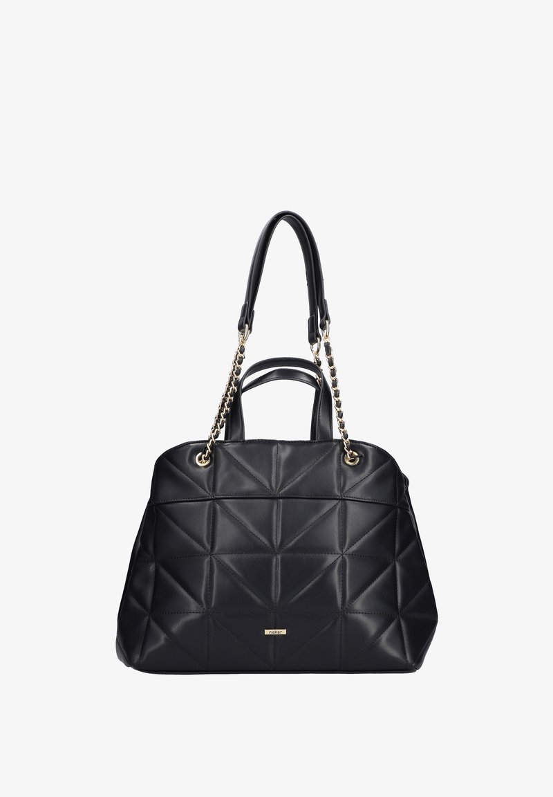 Schwarze, gesteppte Handtasche aus Kunstleder. Verfügt über zwei Schultertragegurte und goldene Kettenakzente. Glatte Textur mit geometrischen Mustern.