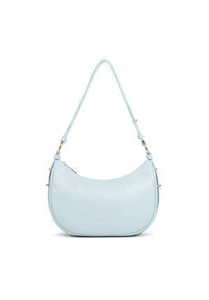 Borsa a tracolla in pelle azzurro chiaro con silhouette curva, tracolla regolabile, dettagli in hardware dorato e chiusura con zip.