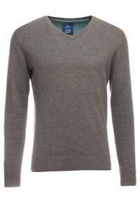 Grauer V-Ausschnitt-Pullover aus weichem Stoff. Lange Ärmel, gerippte Bündchen und unterer Saum. Der innere Kragen hat einen kontrastierenden blauen Stoff.