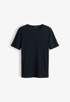 Zwart geribd T-shirt met korte mouwen en ronde hals, geschikt voor casual draagstijl, weergegeven op een witte achtergrond.