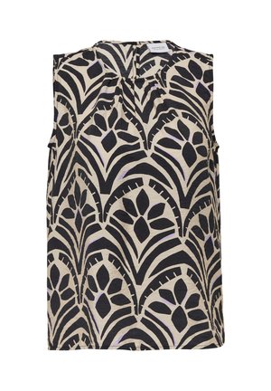 Sleeveless top in beige fabric with a black floral pattern, featuring a pleated neckline and a relaxed fit.