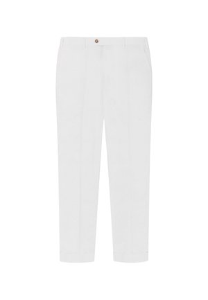 Witte, rechte broek van een gladde stof. Voorzien van zijzakken en een enkele knoopsluiting in de taille. Geen zichtbare patronen.