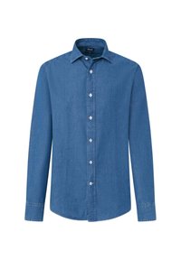 Blauwe lange mouwen knoopsluiting shirt gemaakt van denimstof. Beschikt over een puntige kraag, vooraan knoopsluiting en manchetten met één knoop. Glad textuur.