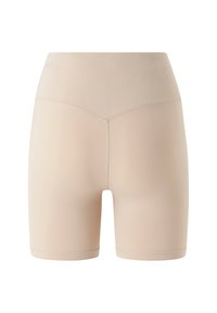 Beige strækshorts med høj talje, der har en glat overflade og minimale sømme, designet til komfort og fleksibilitet.