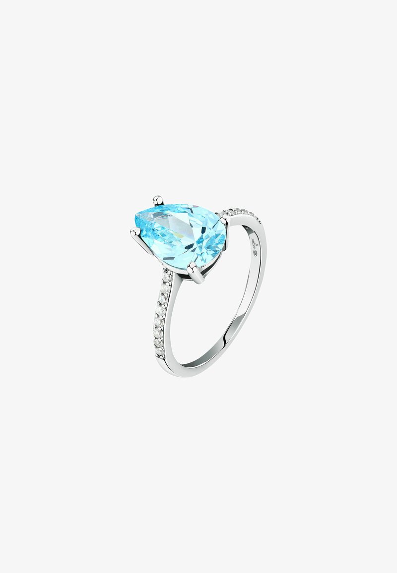 Anello a goccia in acquamarina con banda in argento lucido, caratterizzato da piccole pietre trasparenti lungo un lato, superficie liscia e design elegante.