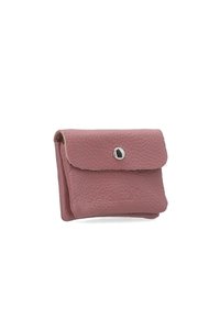Pink leather wallet with grainy texture, snap button closure, and a flap design. Compact rectangular shape with soft edges.