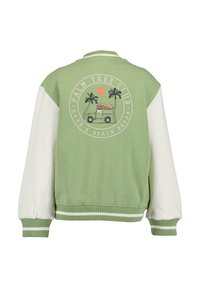 Grön och vit varsityjacka med ribbade manchett och nederkant. Har en rund grafisk design med palmer, en surftruck och text.
